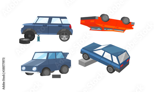 Car Wreckage or Car Accident with Transport Deformation and Turning Upside Down Vector Set