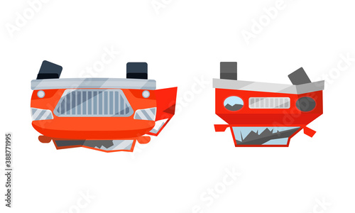 Car Wreckage or Car Accident with Transport Deformation and Turning Upside Down Vector Set