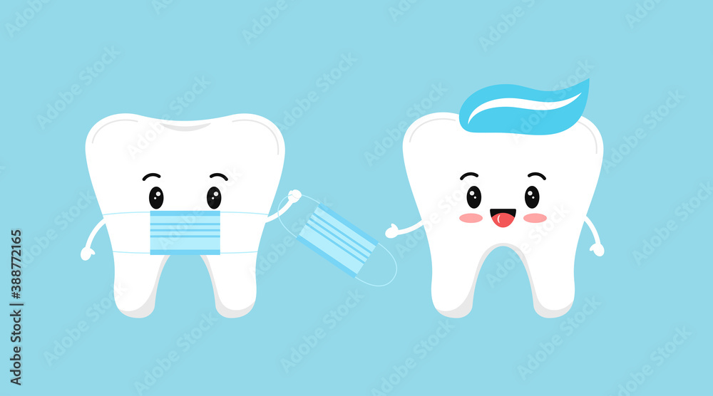 Cute tooth with medical mask give  protective virus mask to another tooth with paste on head. Flat design cartoon concept of dental character vector illustration for dentist prevention information.