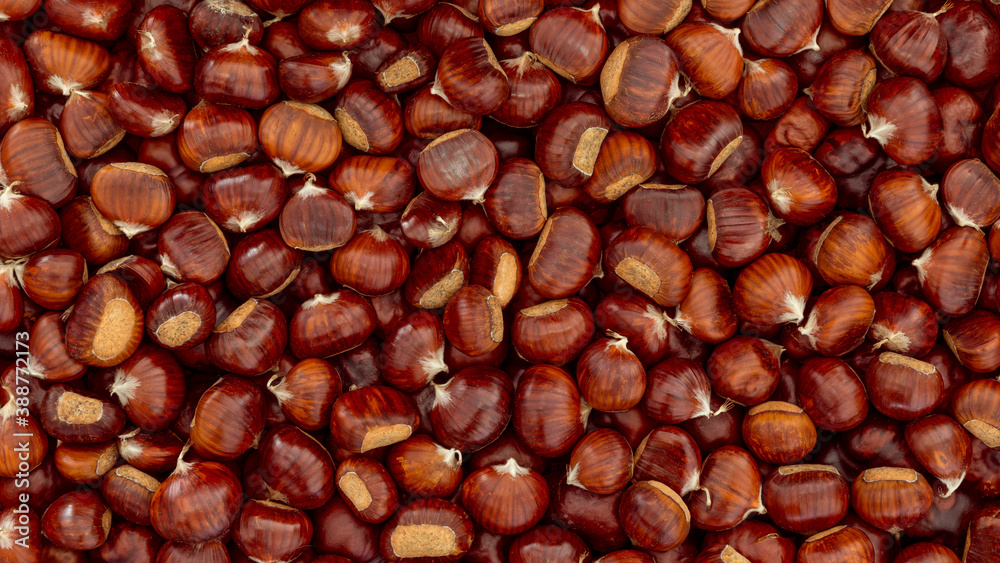 Sweet Chestnuts background for the backdrop. Flat lay of chestnut Sweet Chestnuts background for the backdrop. Flat lay of chestnut