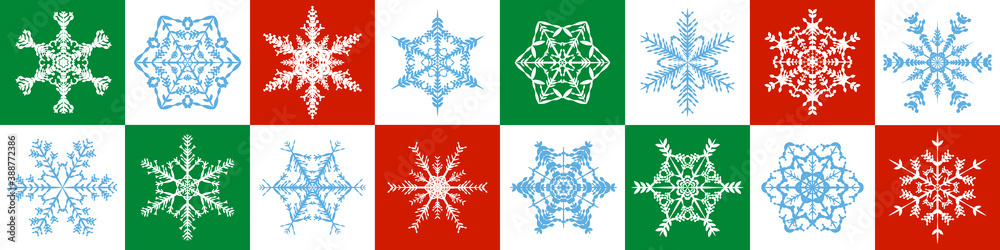 Snowflakes pattern - red, green, white christmas background - seamless extendable horizontal vector illustration.
