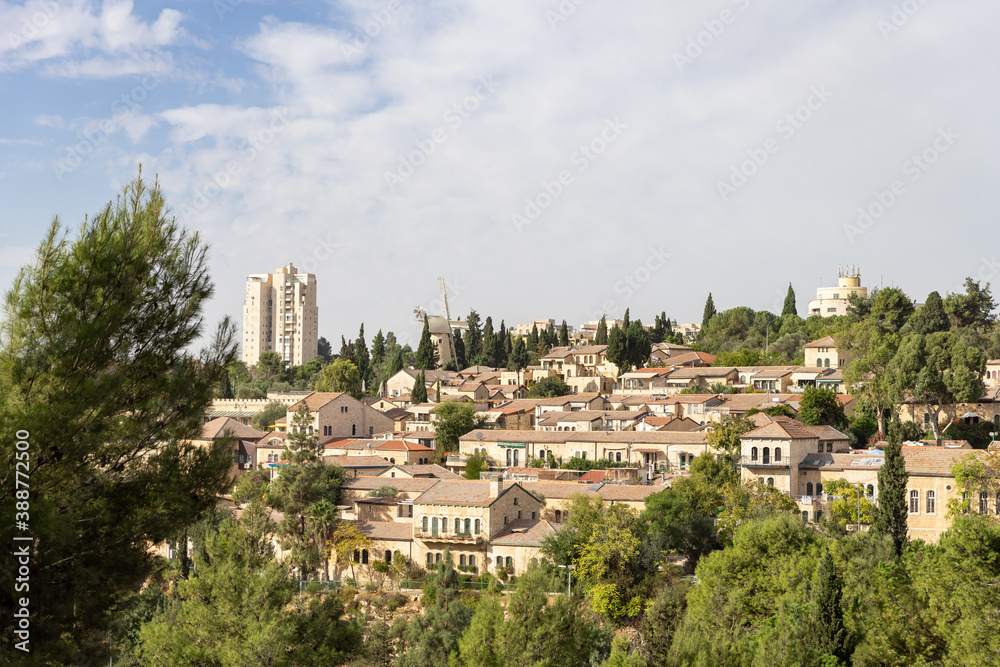 View  from the city walls of the old city to the Jerusalem district of Mishkenot Sheananim in Jerusalem, Israel