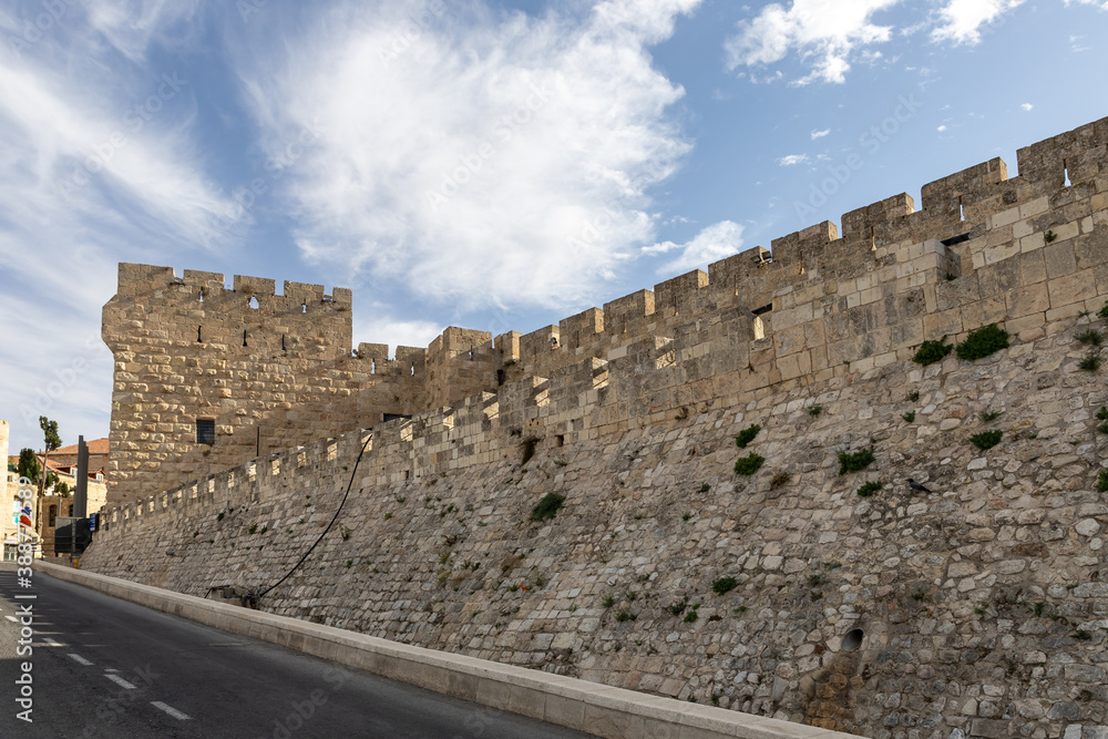 Outside  view of the old city walls of Jerusalem near Jaffa Gate in Jerusalem, Israel