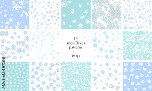 Set of seamless vector snowflakes patterns. Collection of winter frosty backgrounds for fabric, design, textile, cover, wrapping. 10 eps design.