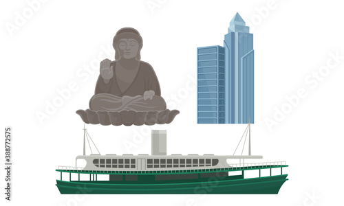 Hong Kong Travel Symbols with Big Buddha and Skyscraper Vector Set