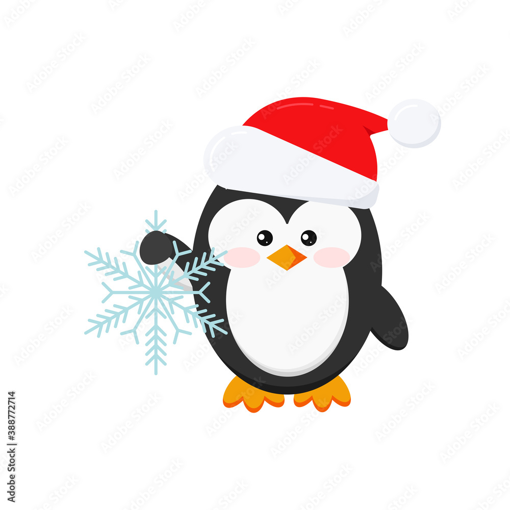 Christmas penguin holding snowflake isolated on white background. Winter penguin in Santa Claus red xmas hat. Flat design cartoon style vector baby bird character illustration. Christmas penguin holding snowflake isolated on white background. Winter penguin in Santa Claus red xmas hat. Flat design cartoon style vector baby bird character illustration.
