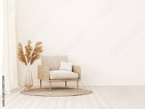 Living room interior wall mockup in warm tones with beige linen armchair, dried Pampas grass and woven rug. Boho style decoration on empty wall background. 3D rendering, illustration.
