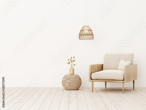 Living room interior wall mockup in warm tones with beige linen armchair, dried gras, woven table and basket lamp. Boho style decoration on empty wall background. 3D rendering, illustration.