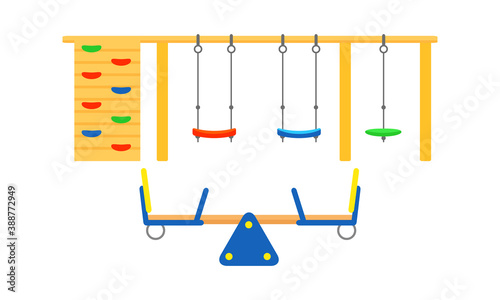 Kids Playground Elements with Climbing Wall and Seesaw Vector Set
