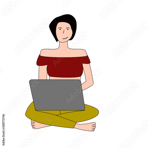 The freelancer girl is sitting with her laptop. Work from home or anywhere you like.