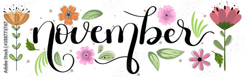 Hello November.  NOVEMBER month vector hand lettering, decoration with ornaments. Illustration month November. Welcome Autumn	
