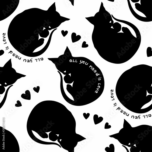 Vector seamless black-white pattern sleeping cats. Silhouettes of black cats and lettering all you need is love. Design for printing on textiles, paper, packaging, wallpaper.
