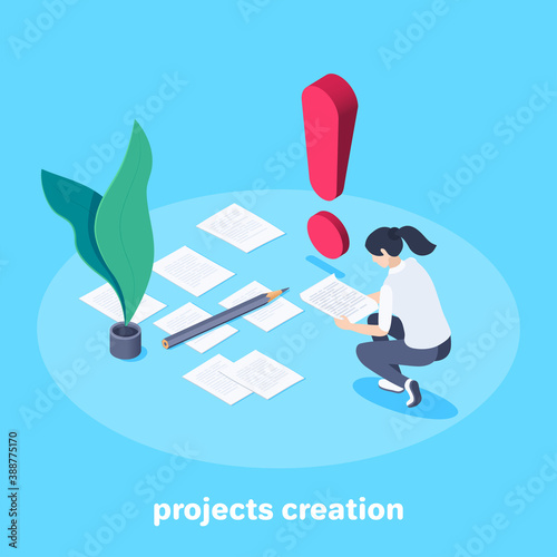 isometric vector image on blue background, woman working with documents and exclamation mark, important project