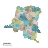 DR Congo higt detailed map with subdivisions. Administrative map of DR Congo with districts and cities name, colored by states and administrative districts. Vector illustration with editable and label