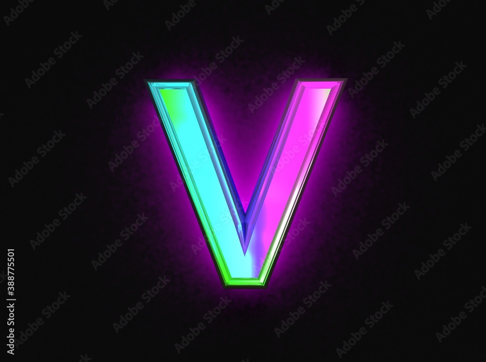 Colorful dichroic glass alphabet - letter V isolated on dark background, 3D illustration of symbols Colorful dichroic glass alphabet - letter V isolated on dark background, 3D illustration of symbols