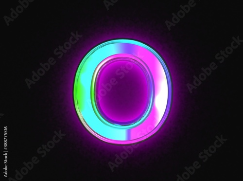 Colorful dichroic glass font - letter O isolated on dark, 3D illustration of symbols