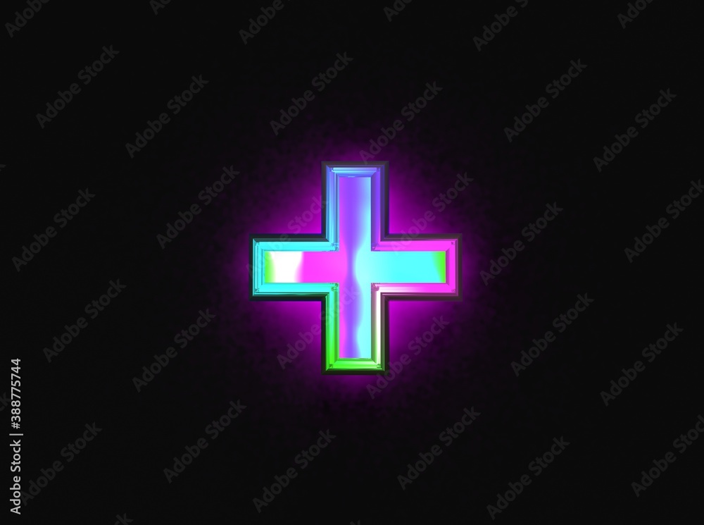 Colorful dichroic glass font - plus isolated on dark, 3D illustration of symbols Colorful dichroic glass font - plus isolated on dark, 3D illustration of symbols