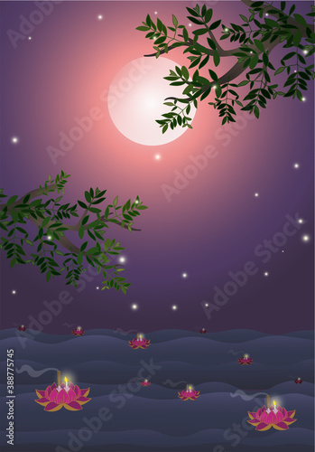 River landscape vector illustration on the night of Loy Krathong Festival of Thailand. © pawa-pawa