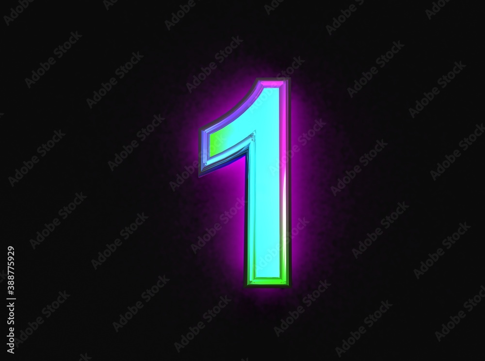 Colorful dichroic glass alphabet - number 1 isolated on dark background, 3D illustration of symbols Colorful dichroic glass alphabet - number 1 isolated on dark background, 3D illustration of symbols