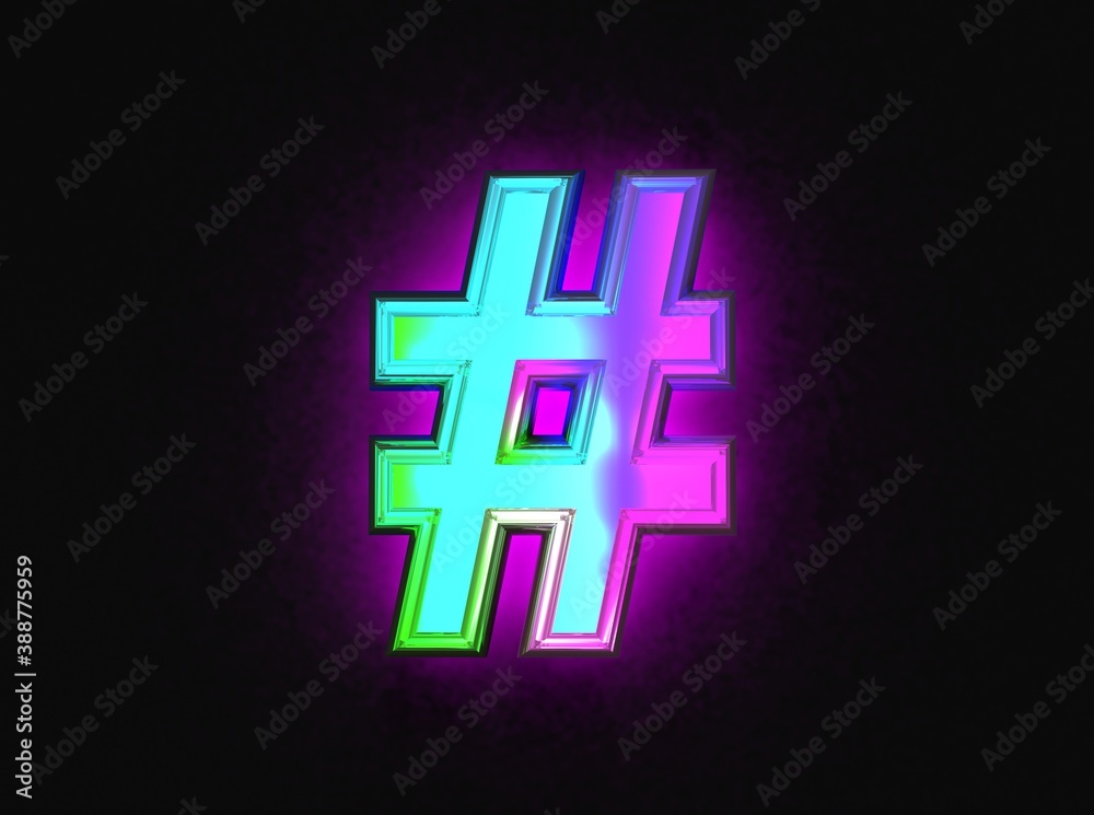 Obraz premium Colorful dichroic glass alphabet - number sign isolated on dark, 3D illustration of symbols