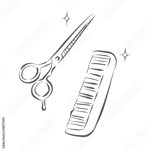 美容師が使う美容バサミとクシ　ハサミとくしの単色イラスト