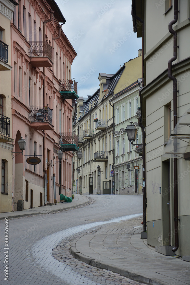 Winding old street in Vilnius, Lithuania.