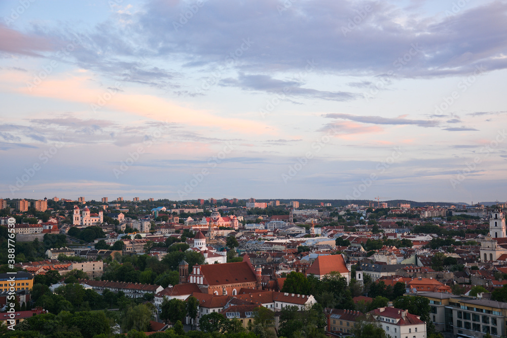 Vilnius panorama shot at sunset. Framing with greenery.