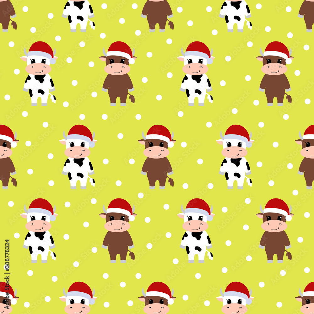Seamless pattern with cartoon cow in Santa hat. New year 2021. Vector illustration.	