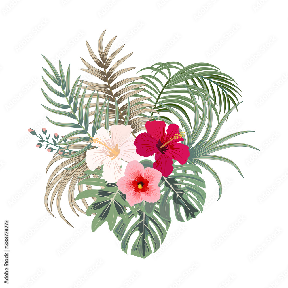 Vector tropical bouquet of palm tree leaves and  flowers isolated on white background.