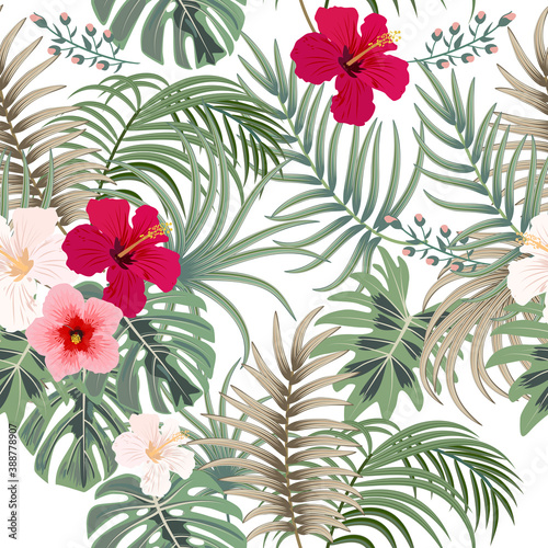 Tropical vector seamless pattern with  leaves of palm tree and flowers