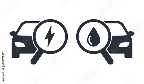 Electric and gasoline vehicles. Vector badges isolated on white background.