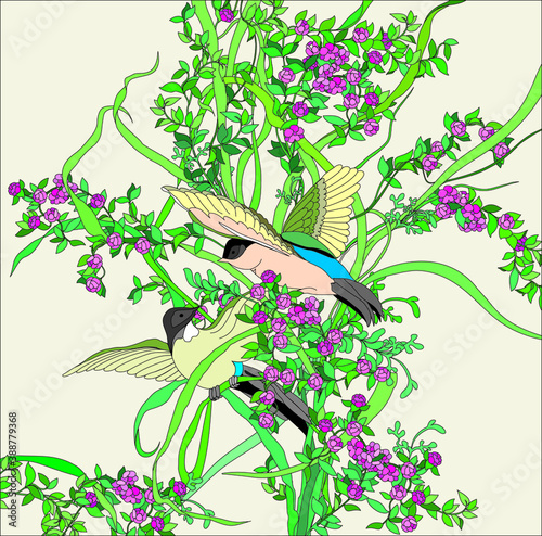 Birds and flowers vector background. Summer ornament.