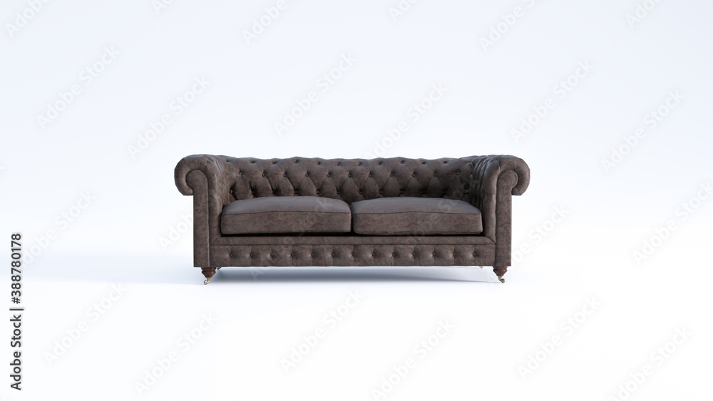 Couch oder Sofa im klassischen Stil aus Leder vor weißem Hintergrund - obrazy, fototapety, plakaty 