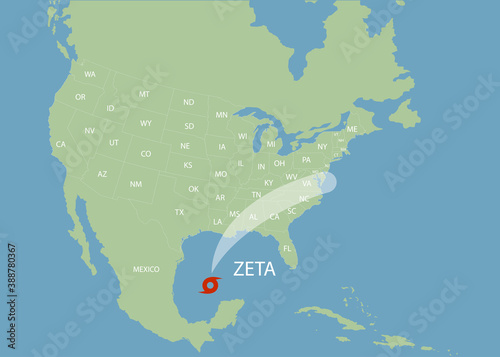 Hurricane Zeta moves into the USA. Tropical Storm Zeta racing into Louisiana. World map. Vector illustration. EPS 10