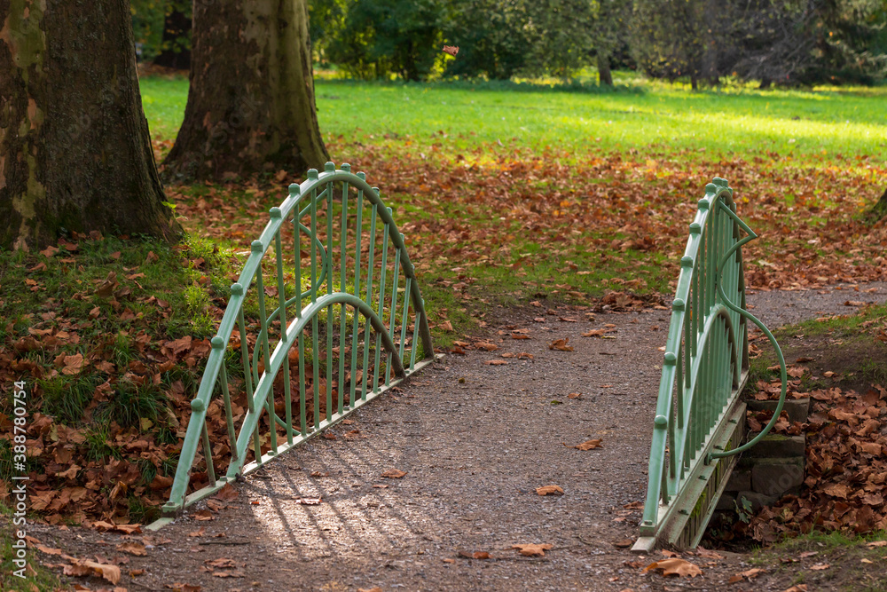 A small bridge in the park with a metal green railing.