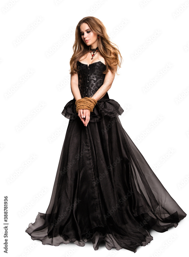 Gothic Woman Black Dress, Hands Tied By Rope, Fashion Model Beauty Portrait Full Length Isolated White Background Gothic Woman Black Dress, Hands Tied By Rope, Fashion Model Beauty Portrait Full Length Isolated White Background