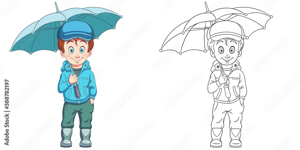 Coloring page with boy under umbrella. Line art drawing for kids