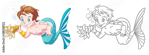 Coloring page with mermaid boy. Line art drawing for kids activity coloring book. Colorful clip art. Vector illustration.