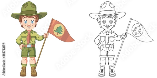 Coloring page with boy scout. Line art drawing for kids activity coloring book. Colorful clip art. Vector illustration.