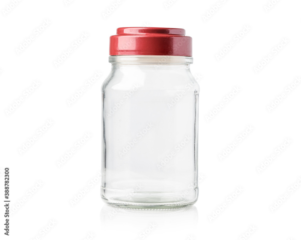 Blank coffee glass bottle with pink red lid isolated on white background with clipping path. Blank coffee glass bottle with pink red lid isolated on white background with clipping path.