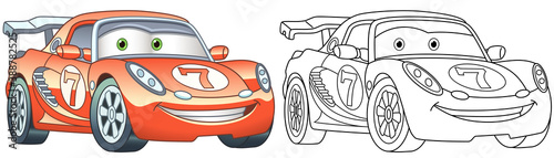 Coloring page with sport car. Line art drawing for kids activity coloring book. Colorful clip art. Vector illustration.