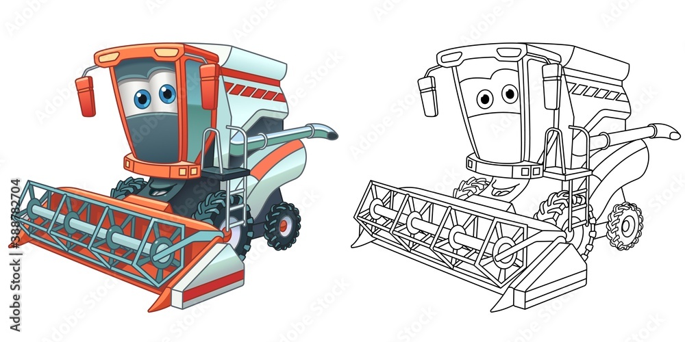 Coloring page with combine harvester. Line art drawing for kids