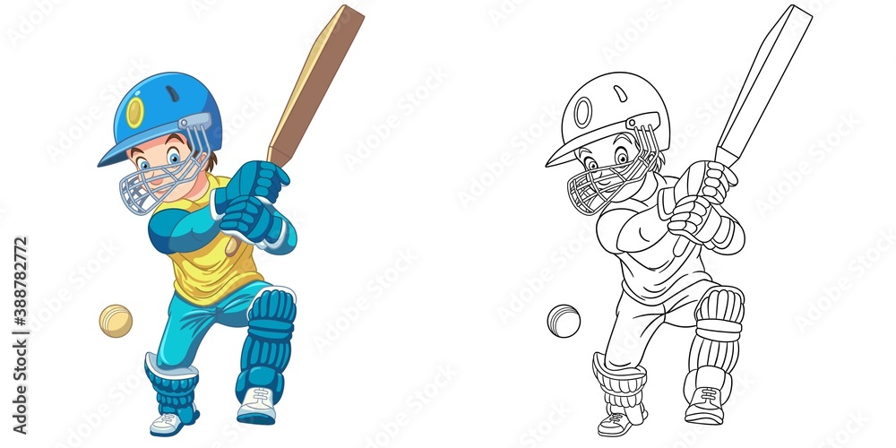 One continuous line drawing of young happy man cricket player focus to hit  the ball hard vector illustration. Competitive sport concept. Dynamic  single line draw design for sport advertisement poster:: tasmeemME.com