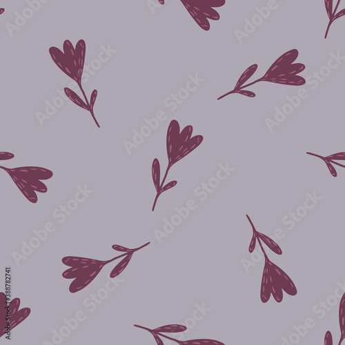 Minimalistic purple flower ornament seamless pattern. Violet pastel background. Simple print.