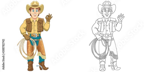 Coloring page with cowboy. Line art drawing for kids activity coloring book. Colorful clip art. Vector illustration.
