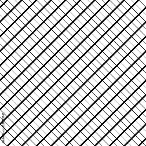 Black diagonal stripes and strokes grill on white background. Seamless surface pattern design with linear ornament. Grid motif. Crossed lines wallpaper. Checkered image. Digital paper. Vector print.