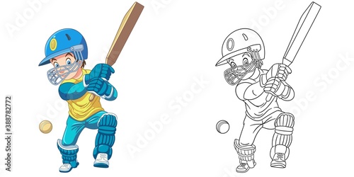 Coloring page with boy playing cricket. Line art drawing for kids activity coloring book. Colorful clip art. Vector illustration.
