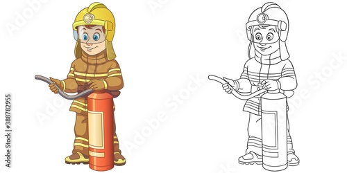 Coloring page with fireman. Line art drawing for kids activity coloring book. Colorful clip art. Vector illustration.