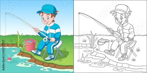 Coloring page with boy fishing. Line art drawing for kids activity coloring book. Colorful clip art. Vector illustration.