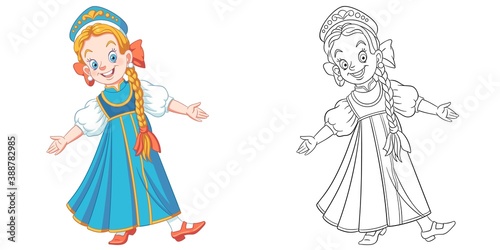 Coloring page with Russian girl dancing. Line art drawing for kids activity coloring book. Colorful clip art. Vector illustration.